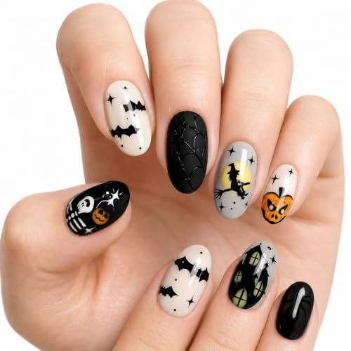 Halloween Press On Nails Witch Pumpkin Skull Oval Fake Nails - White Ash Orange, 24 Pcs