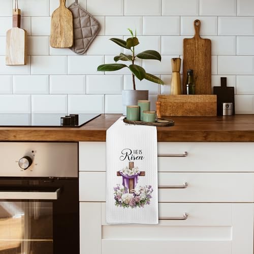 He Is Risen Easter Cross Kitchen Towels - Farmhouse Religious Dish Hand Tea Towels 16x24 Inch - Risen1