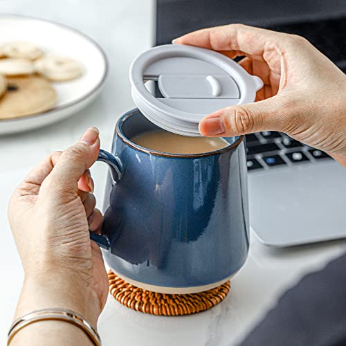 Farmhouse Ceramic Mug Set of 4 - 17oz Blue with Lid, Large Handle for Coffee & Tea