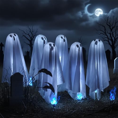 Solar Ghost Lights Outdoor Decorations - 6 Pack Spooky Pathway LED Stakes