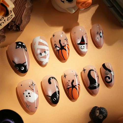 Halloween Press On Nails Short Almond Glitter Design - Style 17, 30PCS