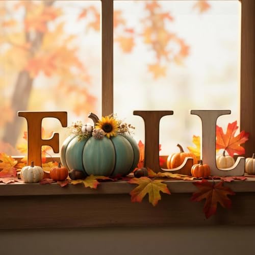 Fall Thanksgiving Wooden Letter Sign Set with Pumpkin Decor - Autumn Home Decor