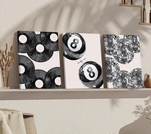 Disco Canvas Wall Art Set - Lucky 8 Ball, Vinyl Record & Disco Ball Prints, 24x16 Inches with Frame