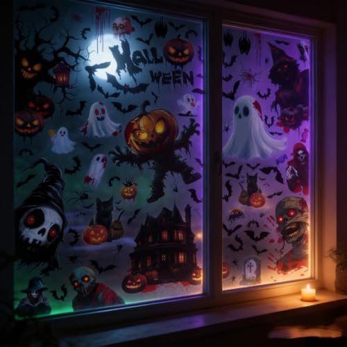 Halloween Window Clings Set - Spooky Castle Bat Web Bloody Stickers for Indoor Outdoor Glass Decor