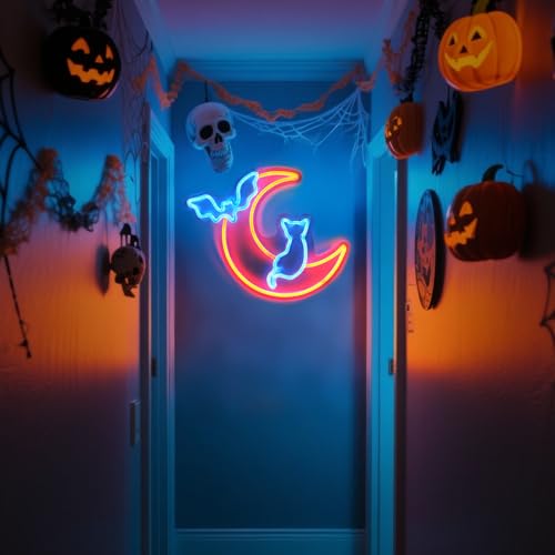 Halloween Neon Sign Wall Decor - Moon Bat Cat Theme, Adjustable Brightness - Style A