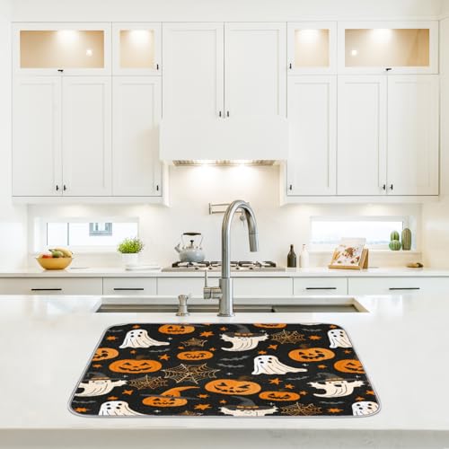 Halloween Dish Drying Mat - 18x24 Inch Pumpkin Ghost Spooky Web Design - Super Absorbent Microfiber Kitchen Counter Mat - Extra Large