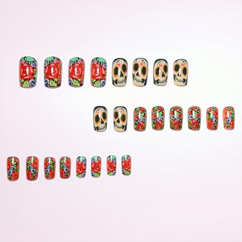 Halloween Press On Nails Short Fake Nails with Skull and Rose Design - A18 Variation