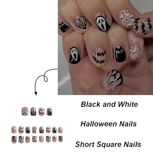Halloween Short Square Press On Nails with Ghost & Skull Design - Style34, 24Pcs