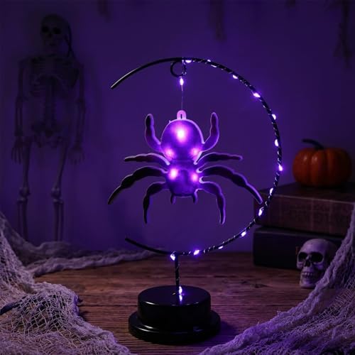 Halloween Night Light - Black Spider LED Table Lamp with Battery Operated Iron Decor