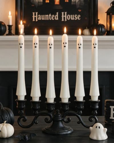 Halloween Ghost Taper Candles Bulk 10 Inch White Spooky Decorations - 6 Pack