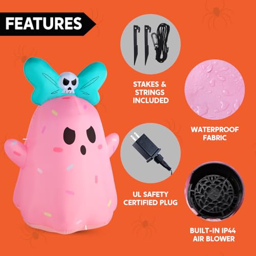 Pink Halloween Inflatable Ghost 5FT Tall with LED Lights & Bowknot - Outdoor Yard Decor