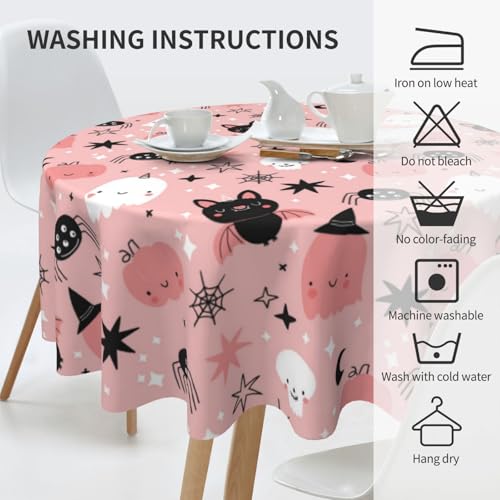 Pink Halloween Round Tablecloth 60 Inch Ghost Pumpkin Decoration, Washable & Wrinkle-Resistant