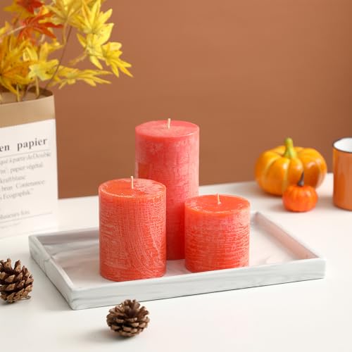 Fall Candles Set of 3 - 3x4 Inch Orange Pillar Candles for Autumn Decor