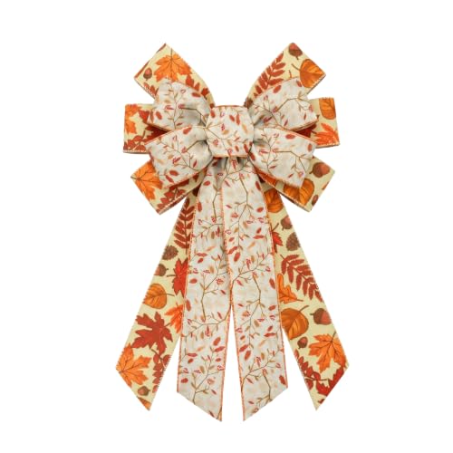Large Fall Thanksgiving Wreath Bow with Pinecones & Maple Leaves - Brown