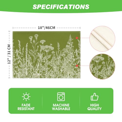 Spring Placemats Set of 4 - 12x18 Inch Green Herb & Flower Table Mats