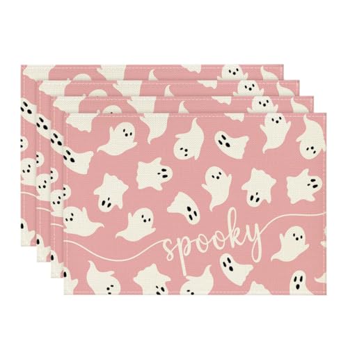 Pink Ghost Halloween Placemats Set of 4 - 12 x 18 Inch Rectangular, Spun Polyester