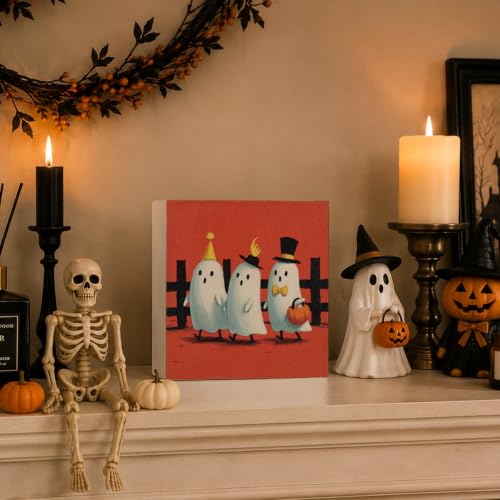 Halloween Ghost Wooden Sign Decor - Style 2, Cute Rustic Halloween Wood Sign