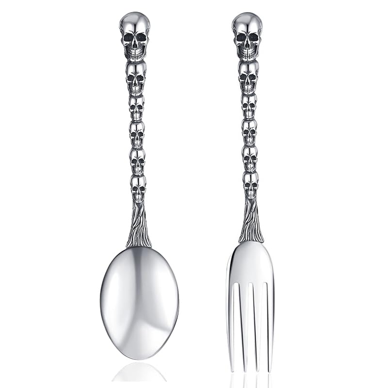 Skull Motif Serving Set - Stainless Steel Fork and Spoon for Halloween & Gothic Decor