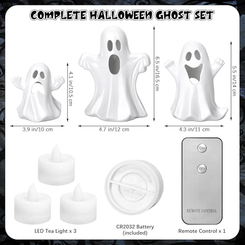 Halloween Ghost Decor Set with Remote Light-Up Ceramic Figurines & Tea Lights