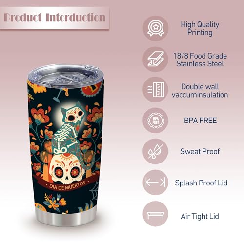 20oz Spooky Gothic Sugar Skull Stainless Steel Tumbler with Lid - Ghost Variation