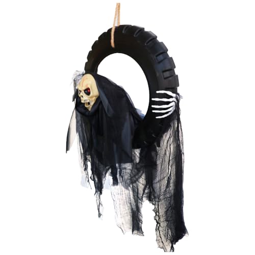 Lighted Talking Moving Skeleton Head Reaper Halloween Hanging Decor with Motion Sensor