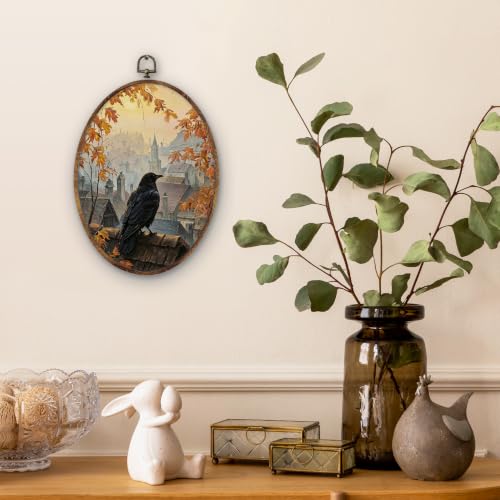 Crow Oval Wall Art Decor - Fall Nature Scene, 8.5x11 Inches, Wooden Frame