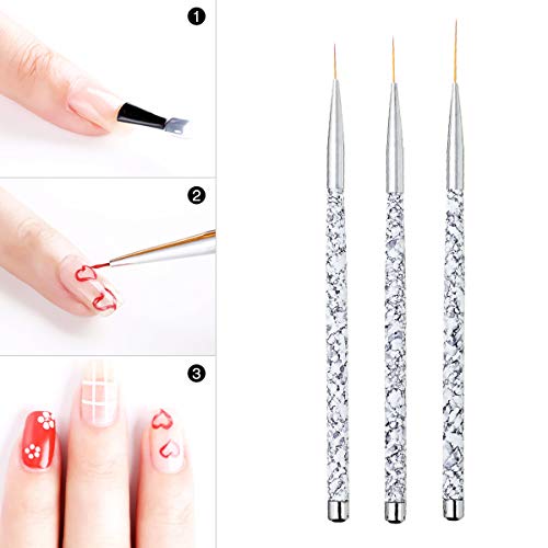 Nail Art Liner Brush Set - 3 White Fine Striping Brushes for Short Strokes & Details