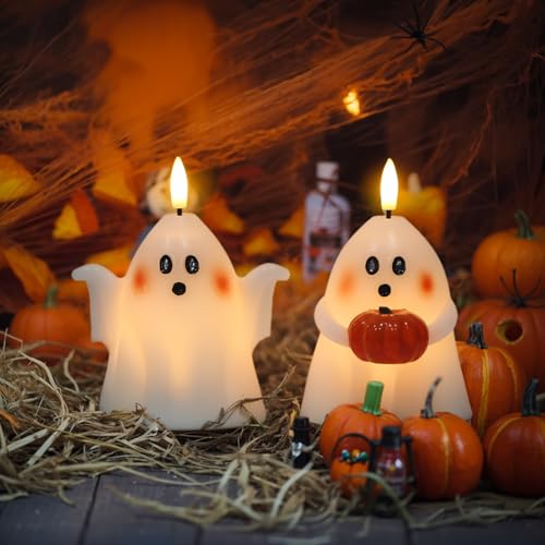 A-2 Ghost Pumpkin Flameless Candles with Timer Hand-Painted Halloween Decor