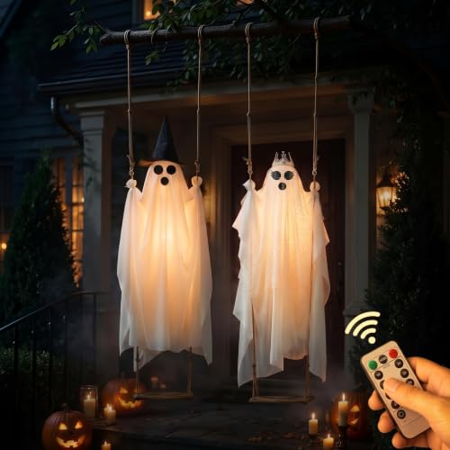 2-Pack Swinging Ghost Outdoor Halloween Decorations - Adjustable 4.5-7.2 FT Wind-Activated Ghosts with Lights