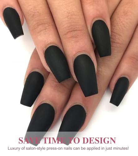 Coffin Black Velvet Matte Fake Nails - Long Press On Nails, 12 Sizes, Variation 07
