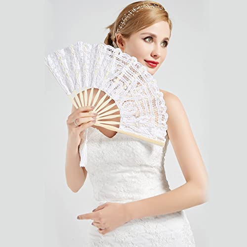 White Cotton Lace Folding Hand Fan with Bamboo Frame for Wedding & Party - Pack of 2 (Variation: One Size)