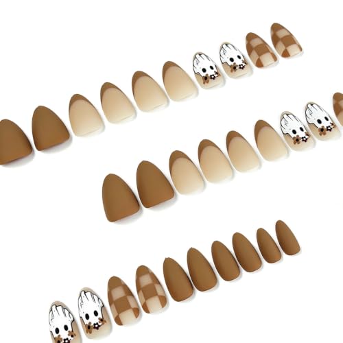 Halloween Almond Press On Nails - Ghost Checkered Brown Style-48 - Reusable Fake Nails