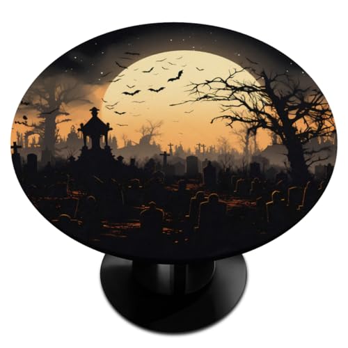 Halloween Moon Night Bats Tree Round Fitted Waterproof Tablecloth - 56 Inch, Elastic Edge