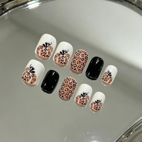Autumn Press On Nails Short Square Fake Nails Leopard Pumpkin Design - Style 37