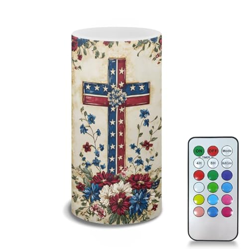 Flameless Candle with Cross American Flag Floral Print - Patriotic 4th of July Decor - Remote Control