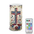 Flameless Candle with Cross American Flag Floral Print - Patriotic 4th of July Decor - Remote Control