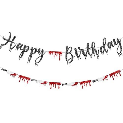 Halloween Birthday Banner Set with Glitter Knife & Blood Drop Garland - Spooky Party Decorations