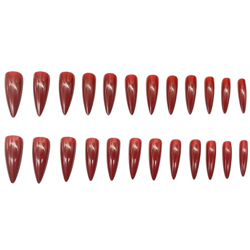 Press On Nails Long Stiletto Red Deep Solid Color Gothic Halloween - 24pcs (Variation: 6501Red)