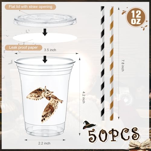 Wizard Themed Disposable Plastic Cups 12 oz Set of 50 with Lids & Straws - Gold & Black Variation