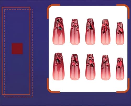 Halloween XL Red Nails Press On Long Coffin Fake Nails with Diamond Design - Red Diamond Variation