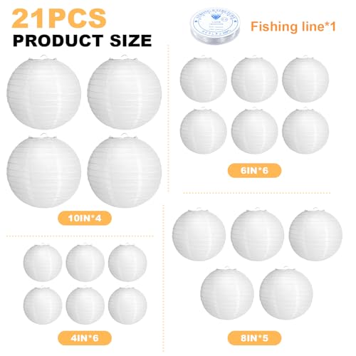 White Paper Lanterns Set - 21 Pieces Hanging Decor for Weddings & Parties - Variation: White
