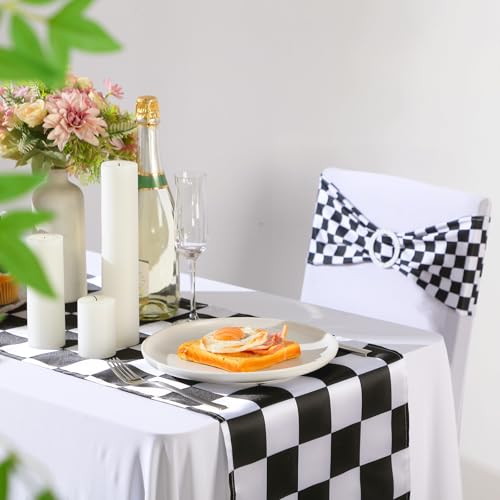 Black and White Checkerboard Chair Sashes with Table Runner Set for Weddings Parties