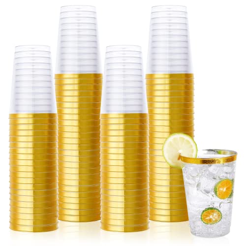 Disposable Plastic Drinking Cups 12 OZ Gold Rimmed Party Cups - 150 Pack - Gold-12oz