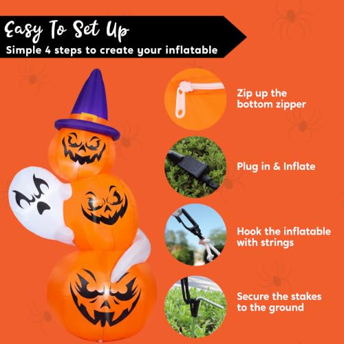 6 FT Halloween Inflatable Ghost and Pumpkin Decor with Witch Hat - Outdoor Halloween Decorations, White Ghost with Pumpkin Variation