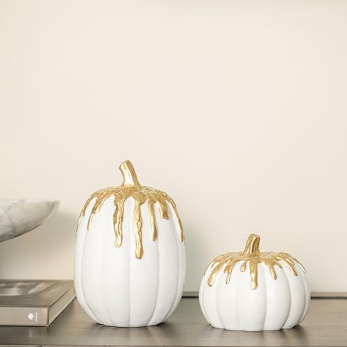 White and Gold Fall Pumpkin Decor Set of 2 - WDS WONDROUS, Autumn Thanksgiving