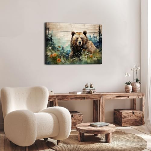 Wildlife Bear Watercolor Wall Art - Rustic Forest Canvas for Living Room & Nursery - 30x20 Inches