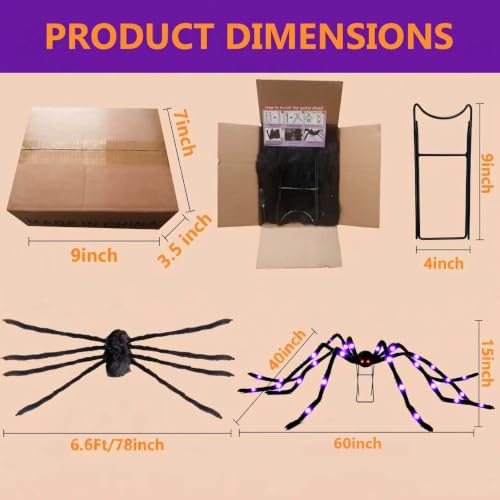 1 Pack 6.6 Ft Halloween Giant Spider with 9-inch Metal Stand & 38 LED Lights