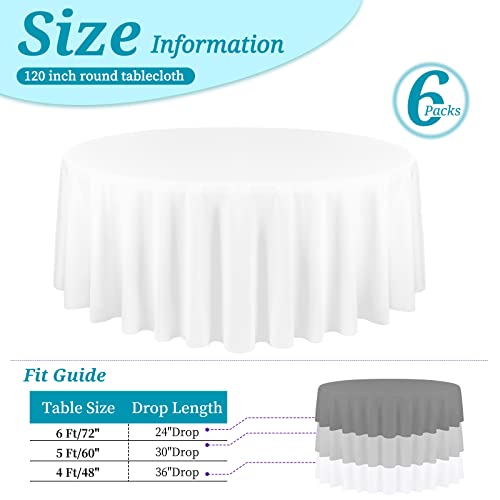 White Round Tablecloth 120 Inch - Pack of 6 for 6ft and 5ft Tables - Elegant Polyester Cover with Drop Variation of White / 120 Inch Round