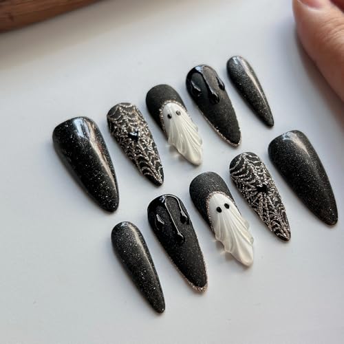 Gothic Press On Nails Long Stiletto Fake Nails Ghost Blood Sparkling Design - Ghost / M