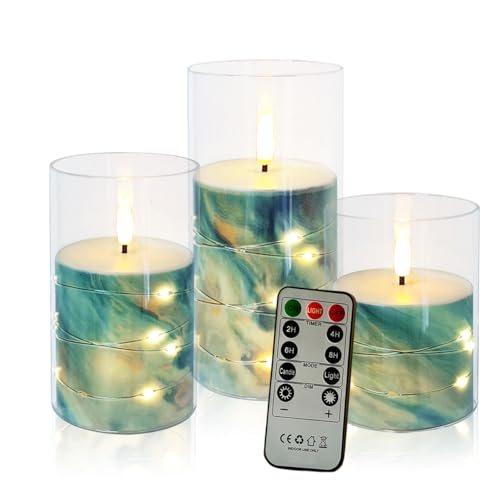 Blue Marble Flickering Flameless Candles with Star String Lights - Battery Operated, Remote Control, 3 Pack
